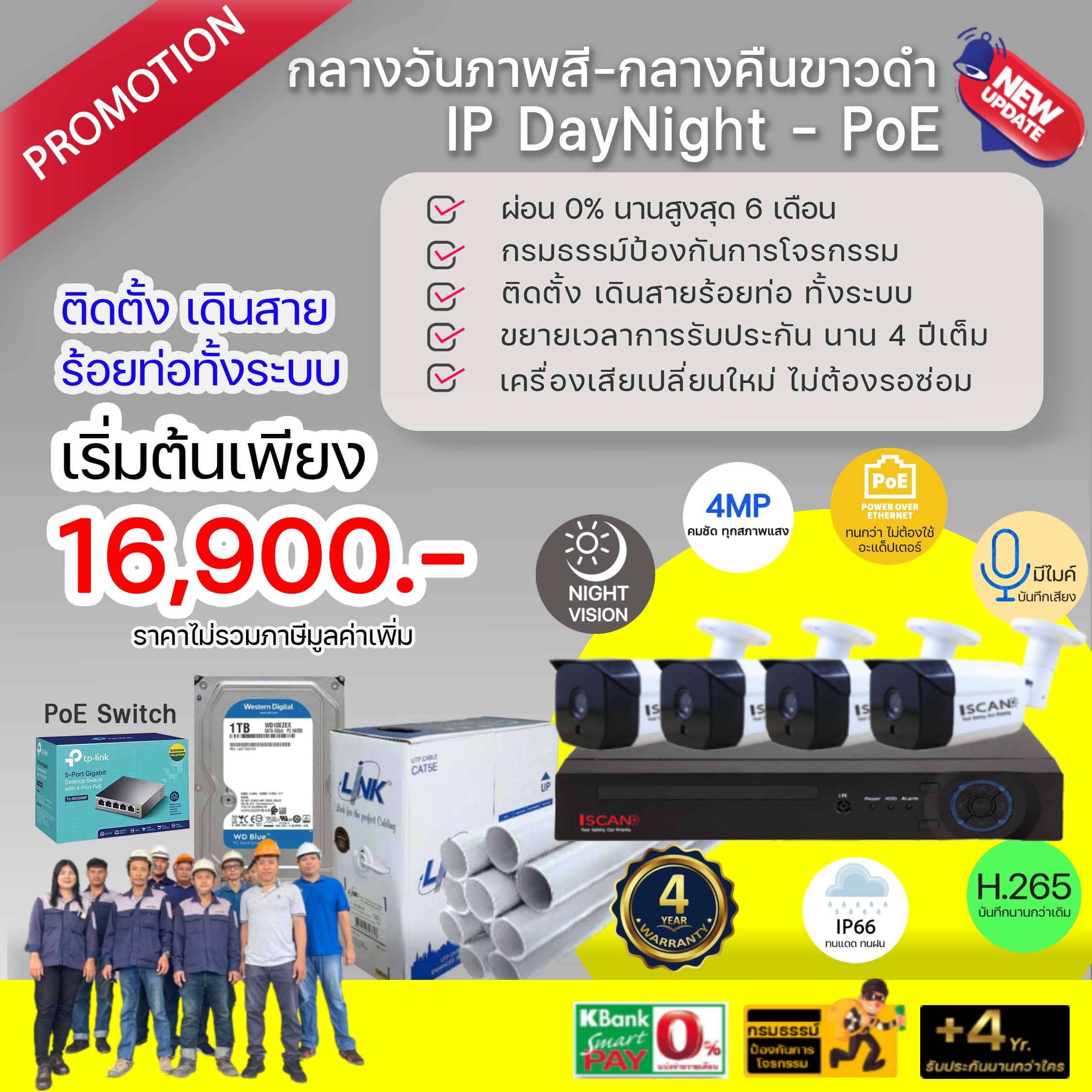 ชุดกล้อง IP Day Night แบบ PoE พร้อมติดตั้ง