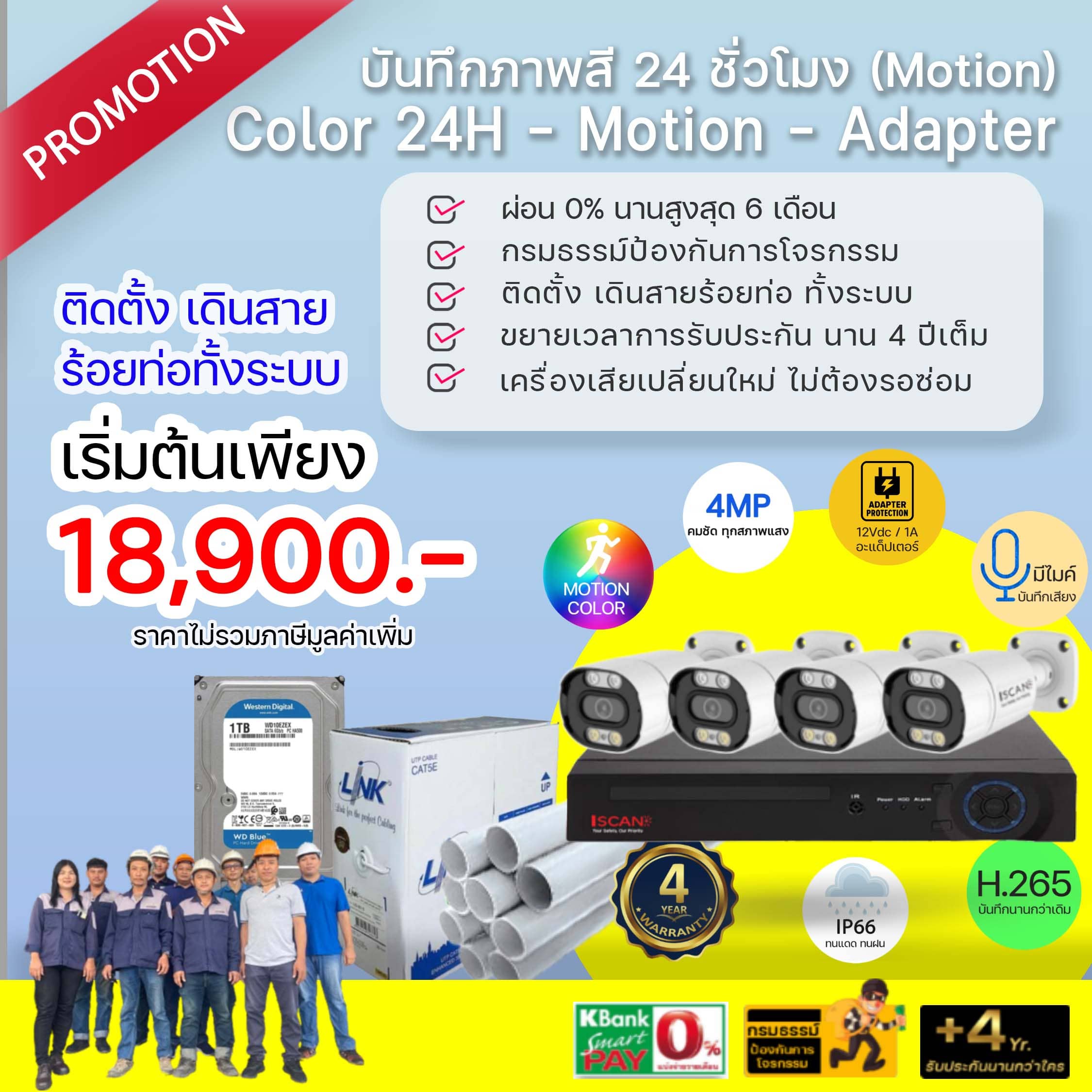 ชุดกล้อง IP ภาพสีเมื่อมีการเคลื่อนไหว แบบ Adapter พร้อมติดตั้ง