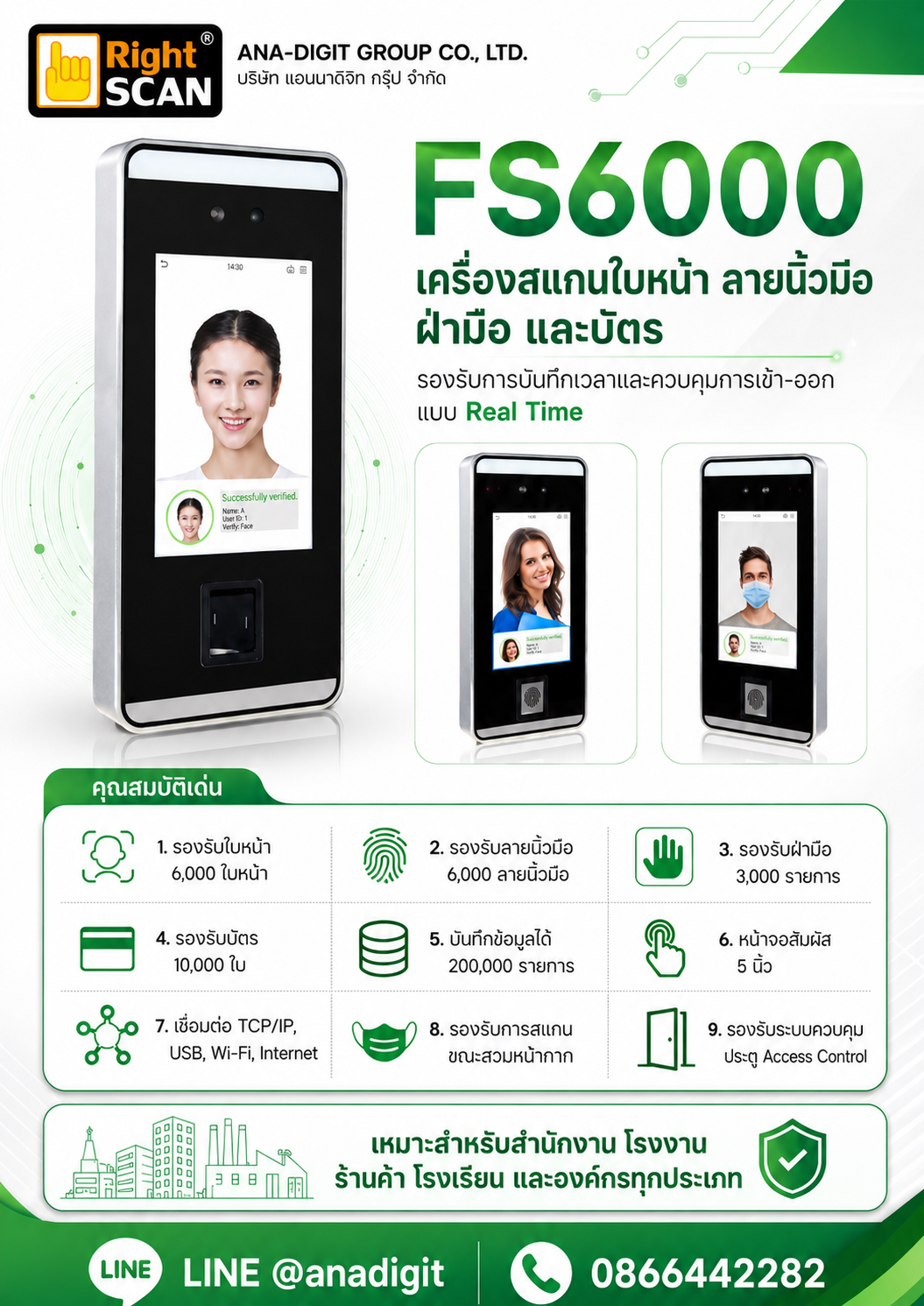 FS6000 เครื่องสแกนใบหน้า ลายนิ้วมือ ฝ่ามือ และบัตร